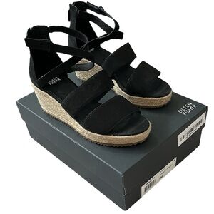 Eileen Fisher Wali Espadrille Wedge Sandals Leather Nubuck Black‎ NEW Womens 8